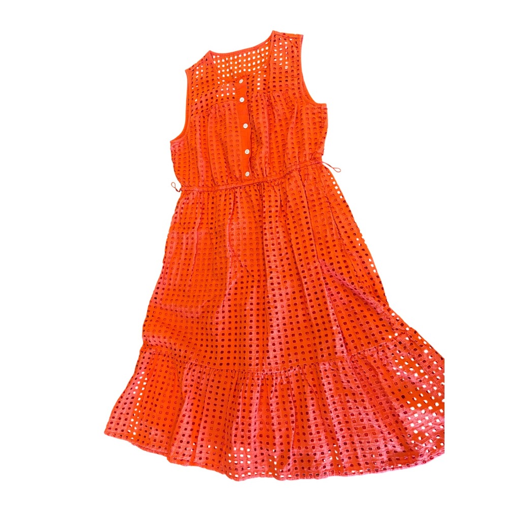 J. Crew Eyelet Button Front Midi Dress Orange Sleeveless Tiered Size 6